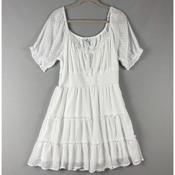 Fairy Lace Tiered Dress Womens XL White Smocked Sheer Milkmaid Coquette Boho - Picture 1 of 15